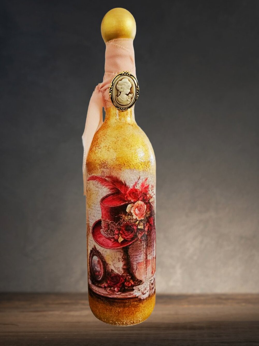 Vintage Hat Decor, Upcycled Decoupage & Hand Painted Bottle